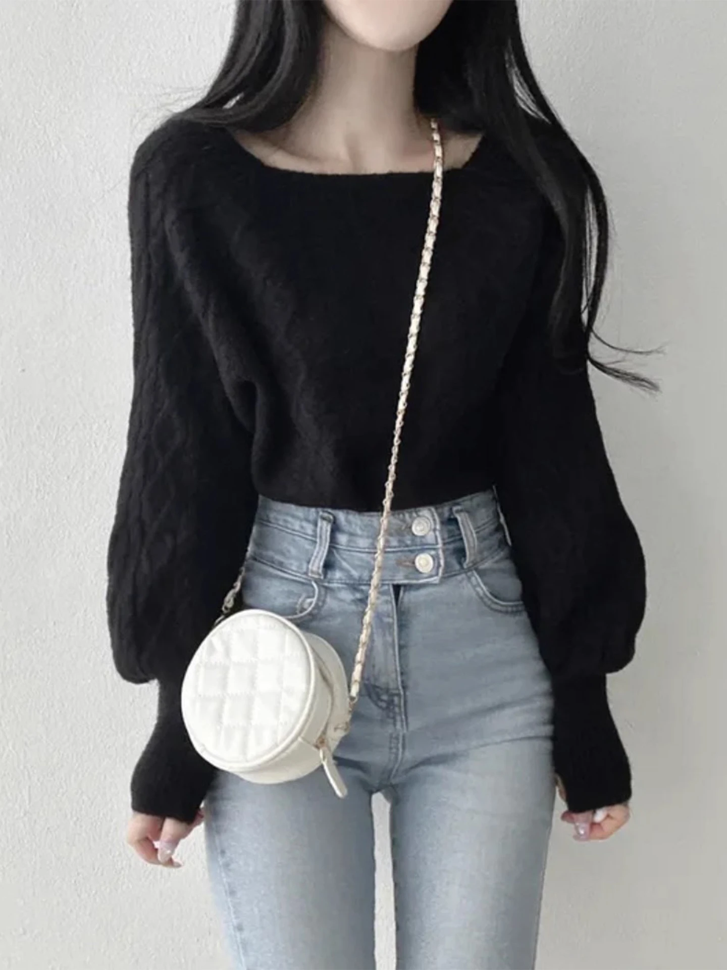 Chic automne hiver Thiened Long Sve tricoté pull femmes Faion rétro col carré torsion fil décontracté haut confortable