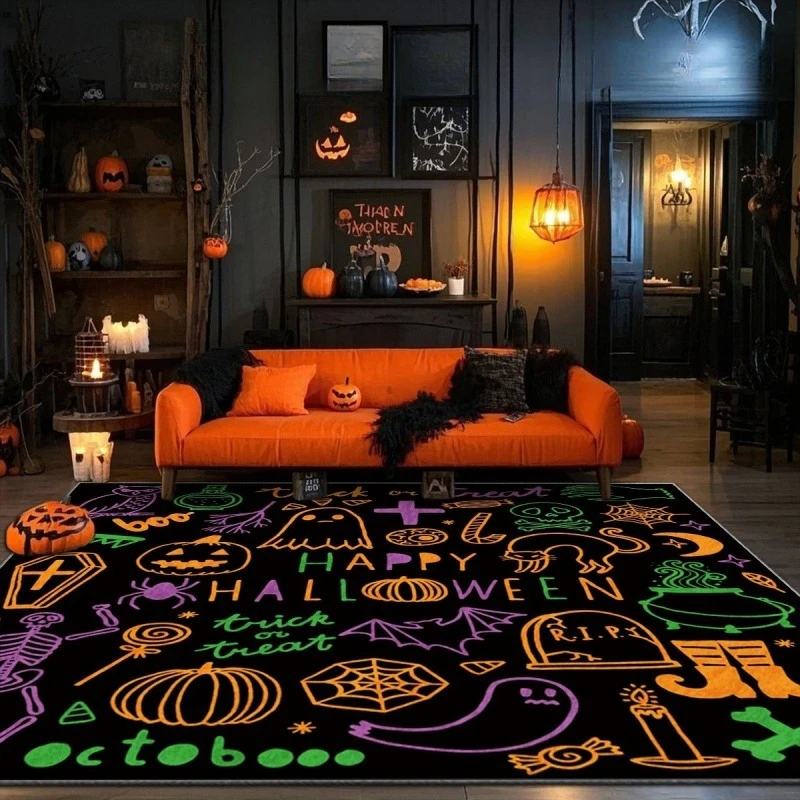 Colorful Halloween Doodle Element Print Large Area Floor Rug,Spooky Holiday Themed Home Carpet for Living Room,Indoor Decoration