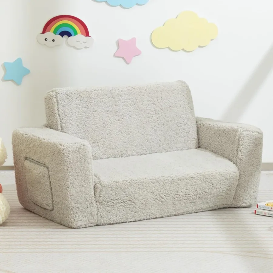 Fold Out Toddler Couch Extra Wide Comfy 2in1 Cuddly Sherpa Sofa for with Removable Baby Friendly Blanket Convertible Sofa to Be