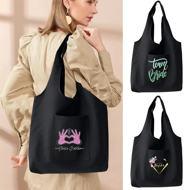 Women Canvas Shoulder Bag Bride Printing Harajuku Handbag Reusable Large Capacity Shopping Bag Ladies Casual Beach Tote Bag