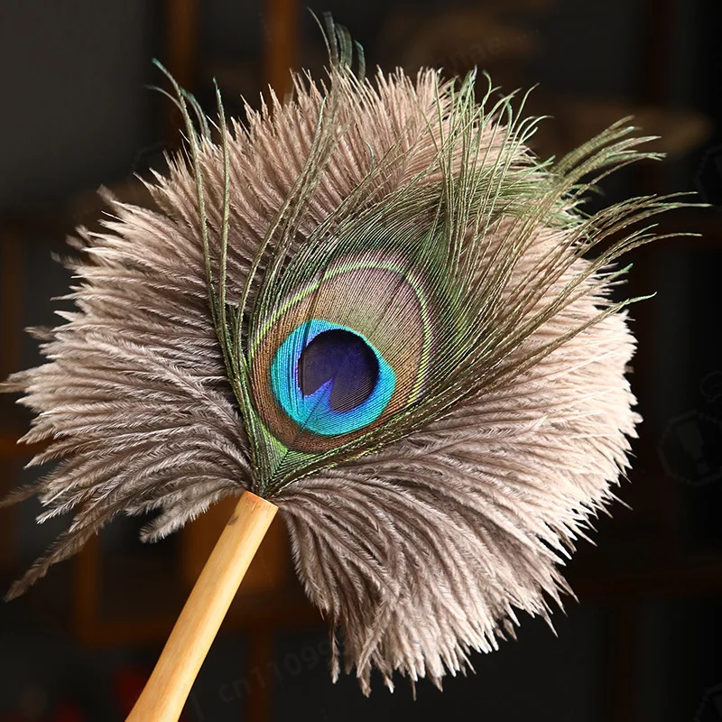 Bamboo Handle Ostrich & Peacock Feather Duster, Vintage Household Dust Cleaner & Home Decor Gift