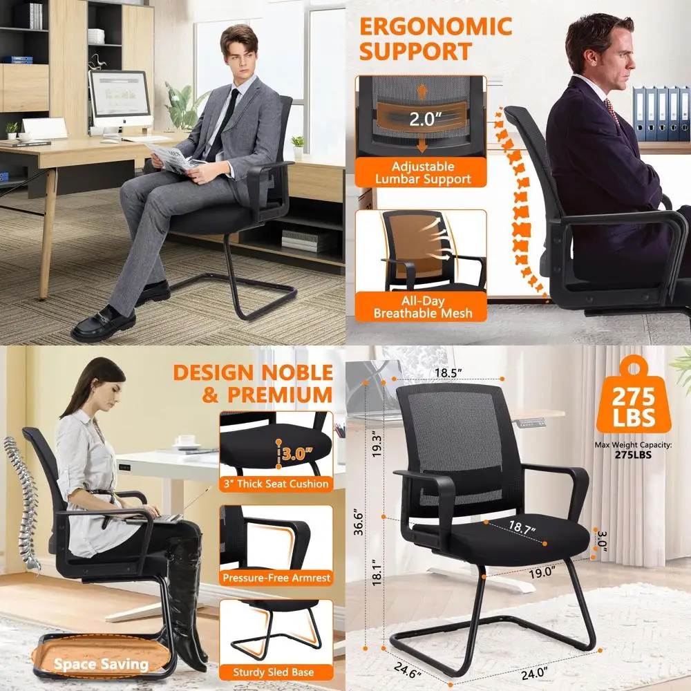 

Ergonomic Mesh Office Chair with Air Lumbar Support, Comfortable Arms, and No Wheels for Home or Conference Room, Black