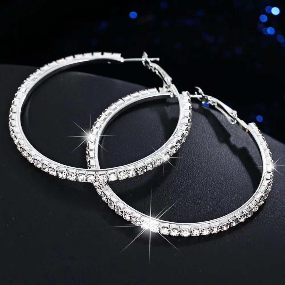 TREAZY Bling Full Rhinestones Circle Earrings Fashion Gold/Silver Color Crystal  Big Round Hoop Earrings For Women Wedding Party