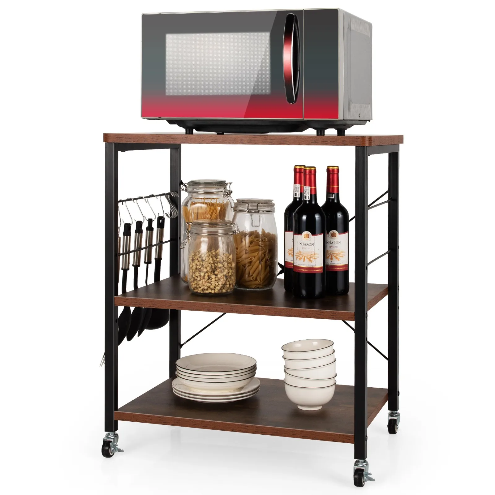 

3-Tier Standing Microwave Shelf Metal Frames w/ Lockable Casters for Hotel