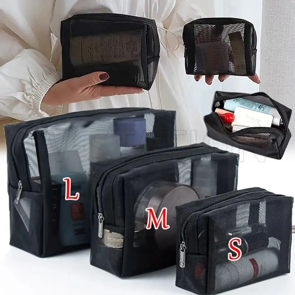

1Pcs New S/M/L Mesh Toiletry Bag Black Portable Cosmetic Bag Zipper Opening Solid Small Lipstick Storage Pouch Men Women