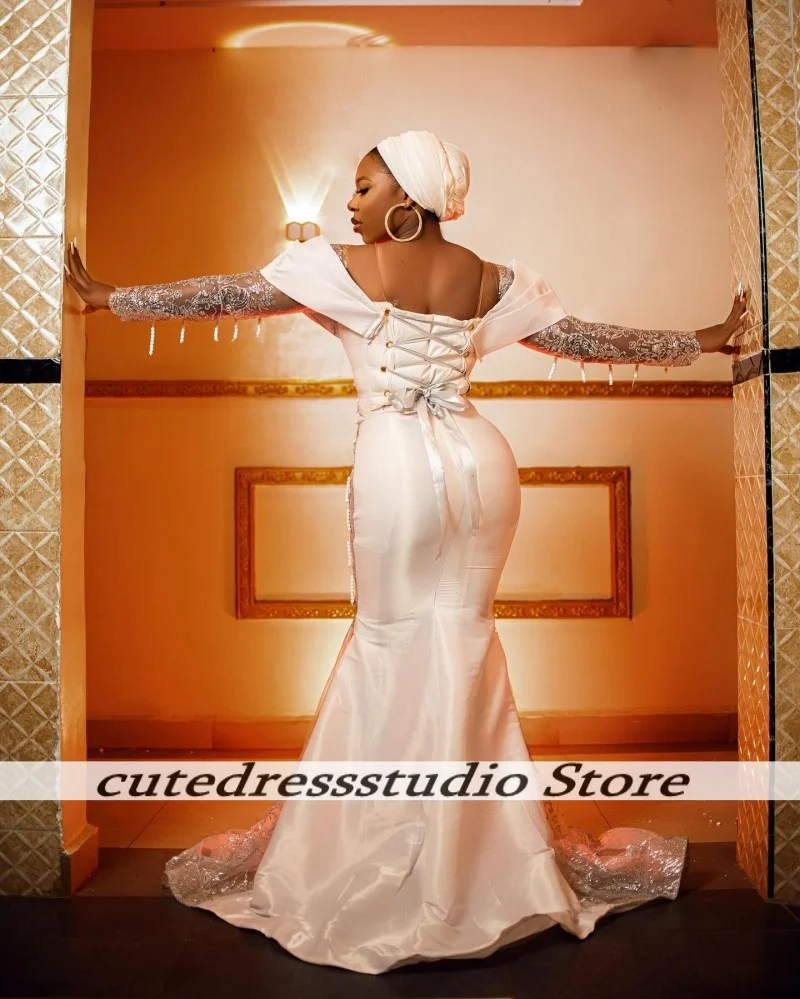 Robe de soirée de forme sirène, transparente, sans manches, délicate, avec des appliques, Aso Ebi Peal, avec franges, robe de bal, de mariage, personnalisée