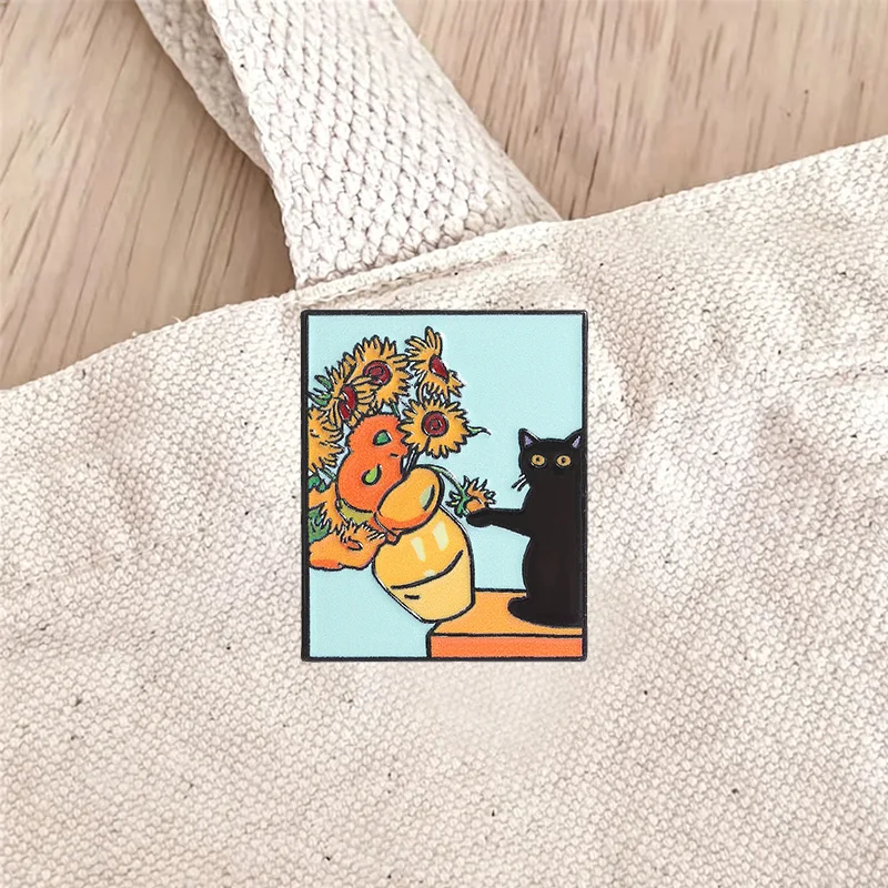 Art Sunflowers Black Cat Art Pin Enamel Pin Creative Oil Painting Style Meme Brooches Animal Lover Gift For friends