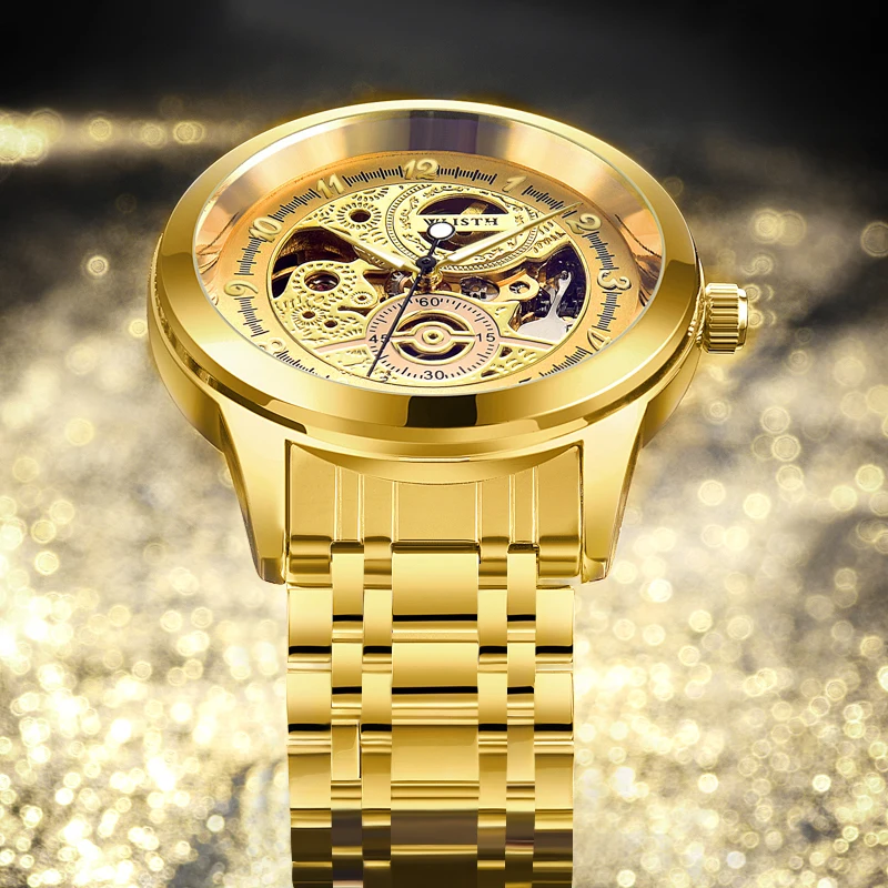 Jam Tangan Pria Mekanik Otomatis Gold Skeleton Jam Tangan Otomatis Emas untuk Pria Jam Tangan Mekanik Tali Baja Jam Tangan Otomatis