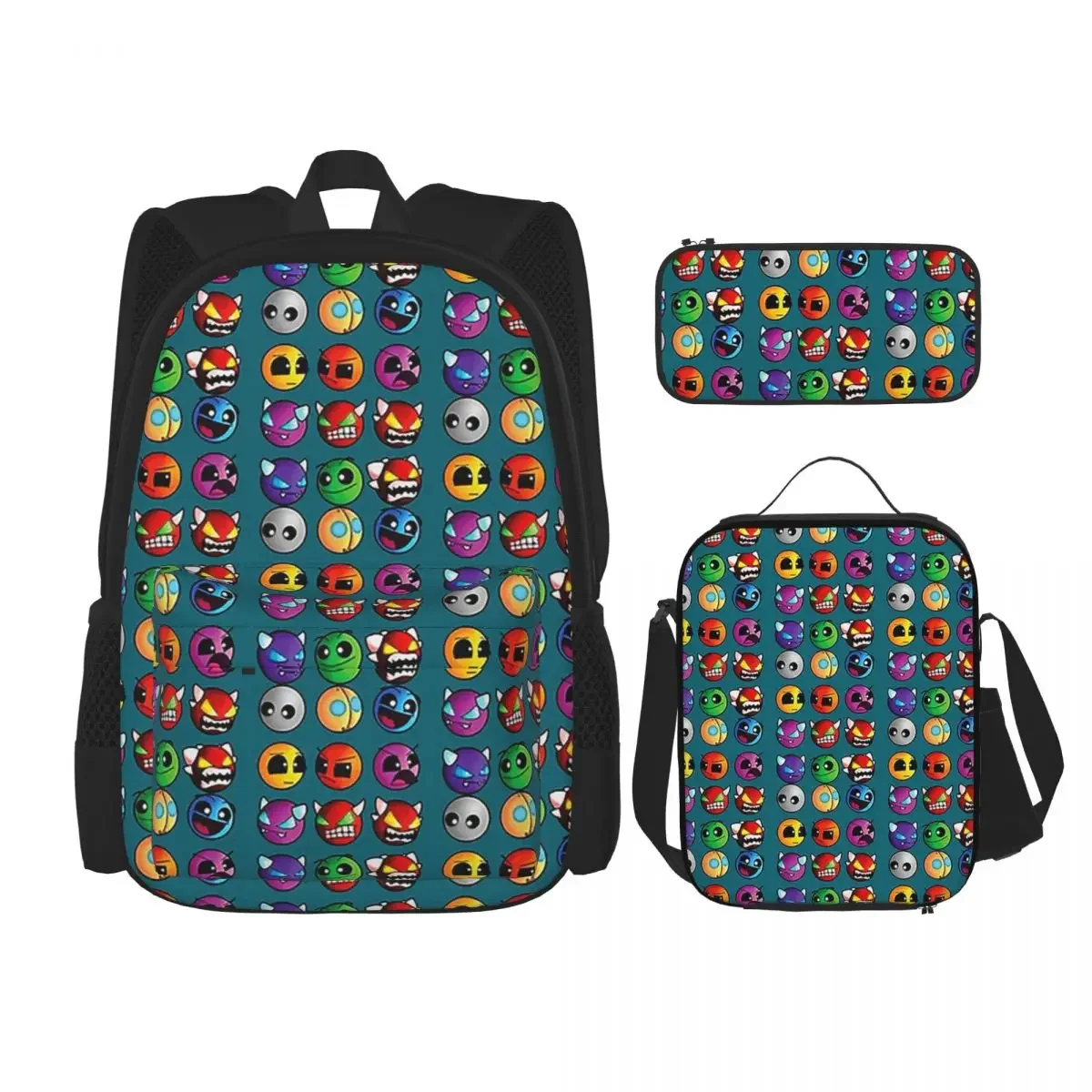 

Video Game Geometry Dash Backpacks Boys Girls Bookbag Children School Bags Kids Rucksack Lunch Bag Pen Bag Three-Piece Set