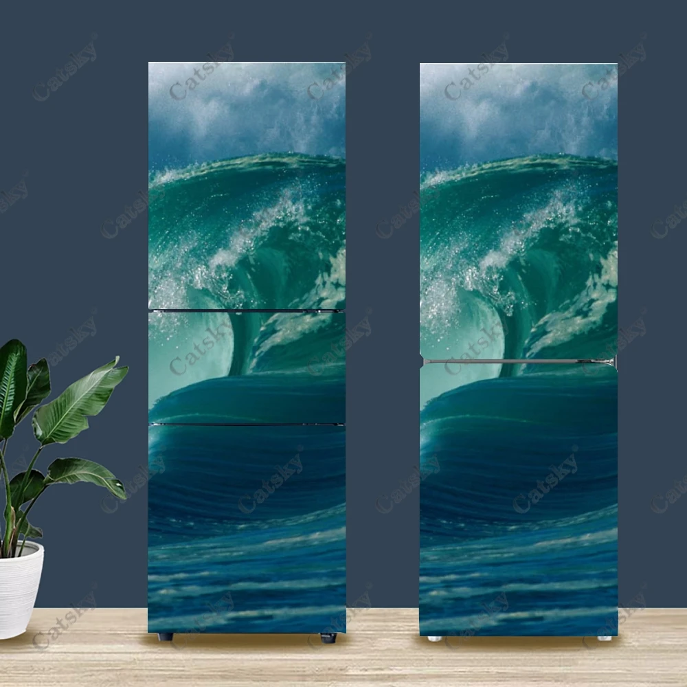 Surging Green Waves Refrigerator Door Mural Sticker Waterproof PVC Kitchen Closet Fridge Door Wallpaper Stickers Decoration