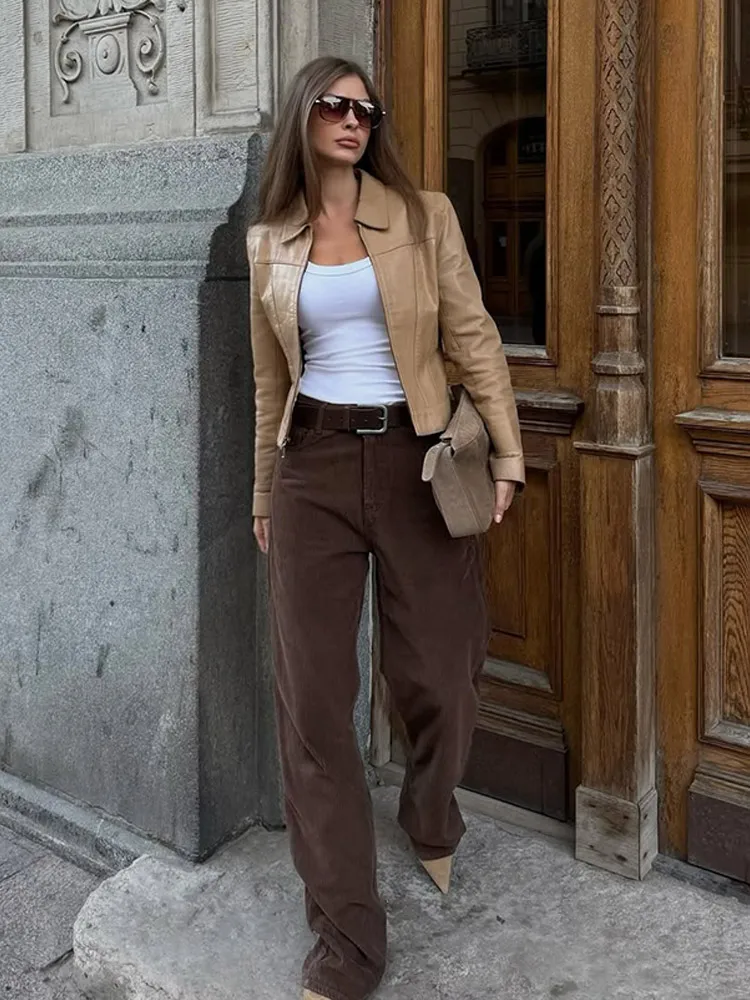 

Autumn Fashion Women's Leather Coat New Chic Lapel Cardigan Full Sleeves Coats Daily Commuting High Street Lady Short Outerwears