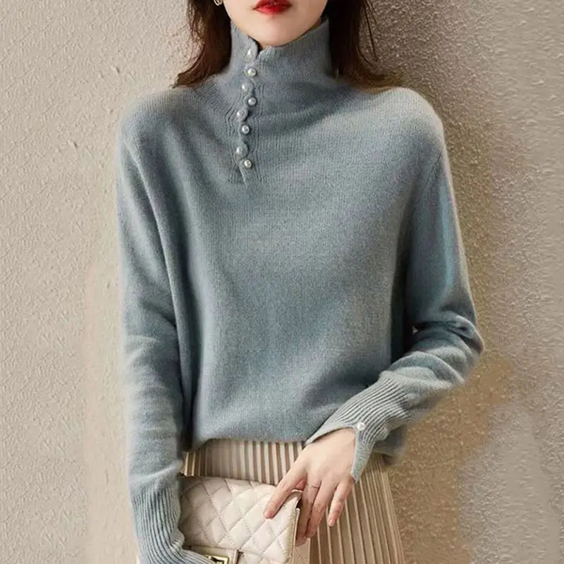 

Темпераментные модные осенне-зимние свитера, женские однотонные водолазки с вышивкой, расклешенные пуловеры с рукавами для ленивого ветра, вязаный топ