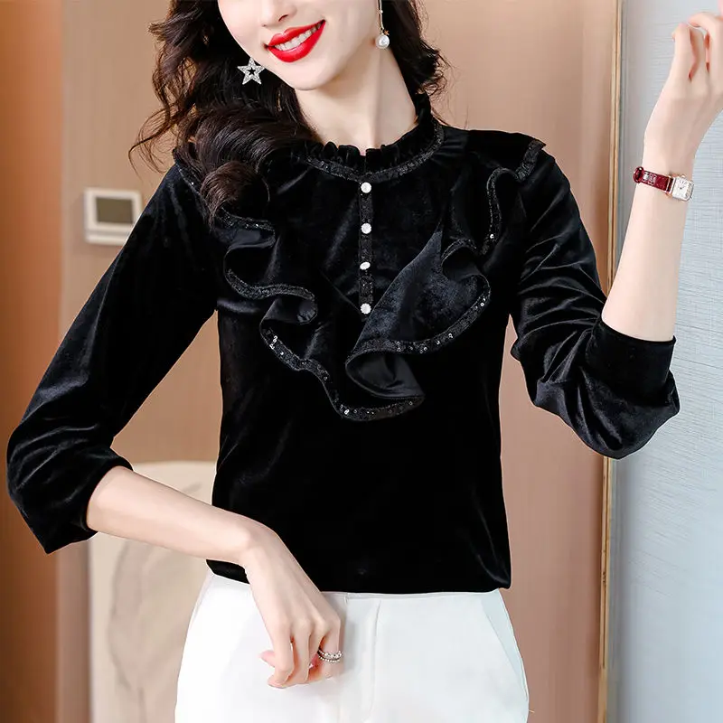 Women Clothing Korean Fashion Ruffles Sequins Shirts Office Lady Vintage Elegant Luxury Chic Blouses Black Long Sleeve Slim Tops