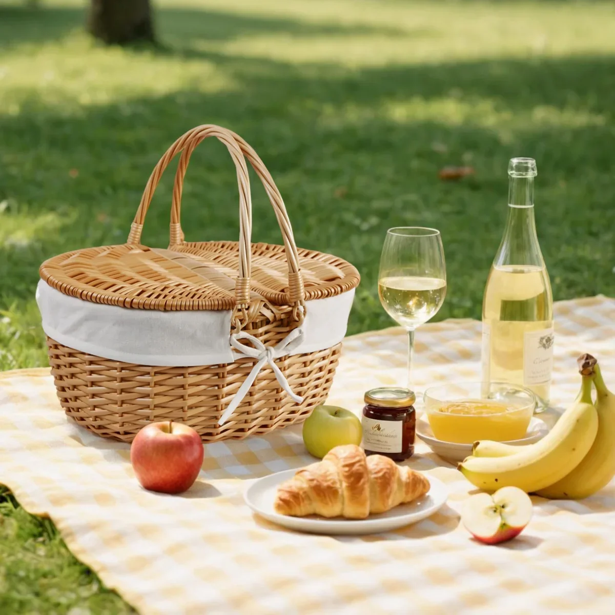 yesHandmade Wicker Picnic Basket With Handle Picnic Hamper Willow Woven Storage Box Outdoor Camping Fruit Basket
