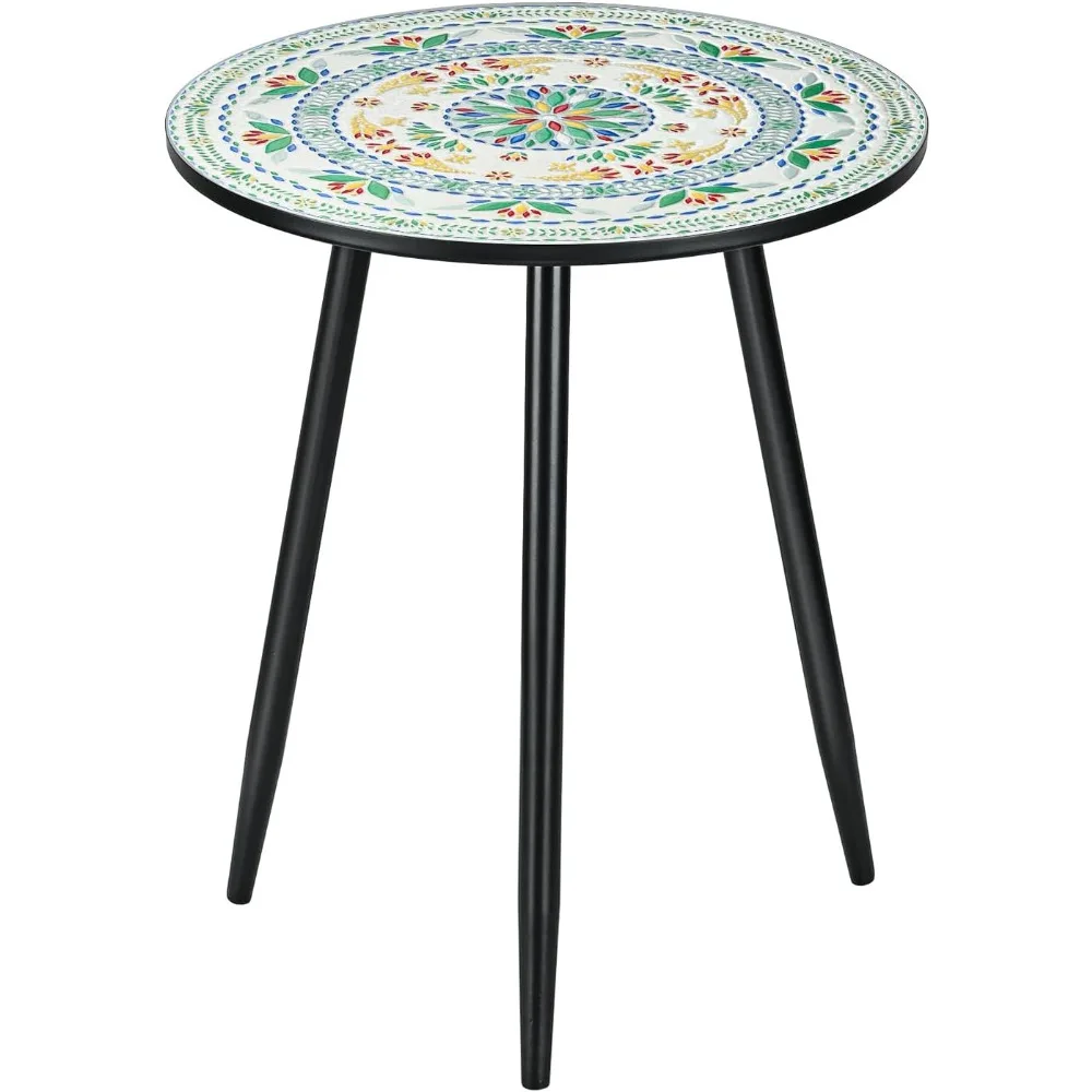

Round Side End Table, 16" Unique Relief Ceramic Tile Table Top with Metal Structure, Small Accent Table, Coffee Tea Table Nights