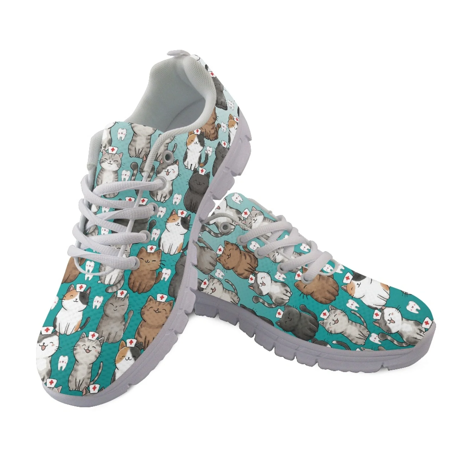 Coloranimal Breathable Lace Up Fitness Shoes for Women Women Running Walking Shoes for Hiking Nurse Cat Print