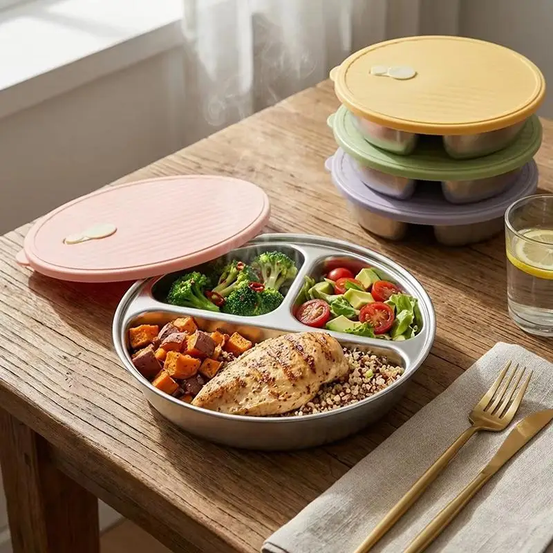 Stackable 304 Stainless Steel Divided Plate With Lid 1/3/4 Grids Adult Food Tray Meal Prep Work Picnic Use