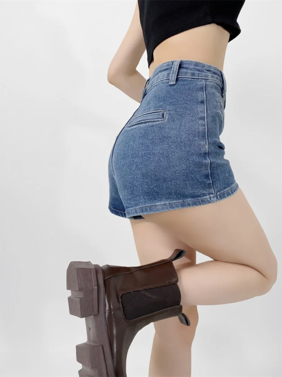 Hoge taille rekbare denim orts Dames Pittige A-lijn rokbroek Zomer Nieuwe Sle Rechte pijpen Hoge taille orts Diep licht...