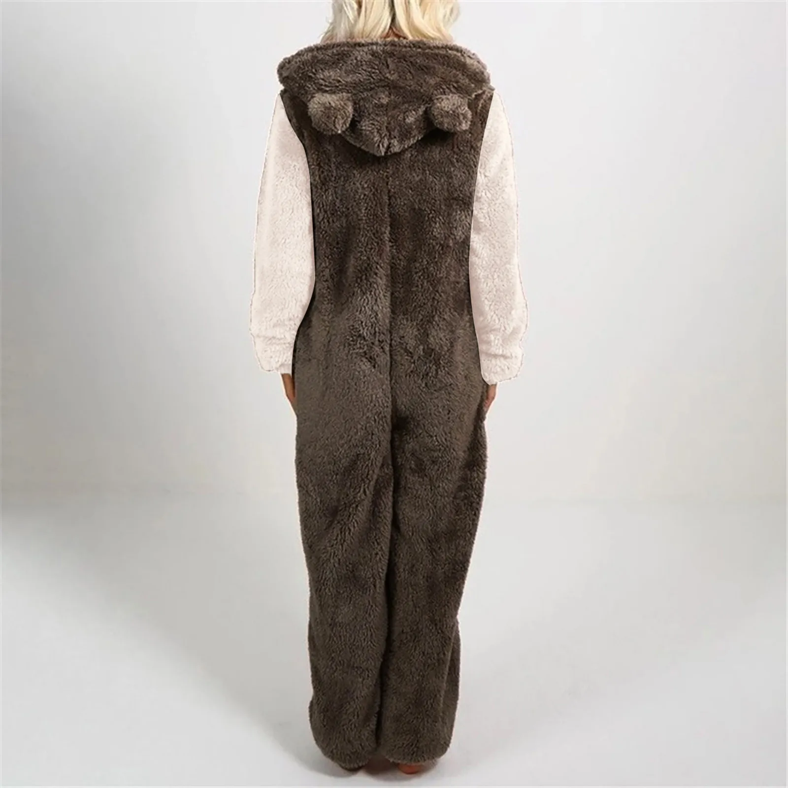 Women\'s Artificial Wool Pajamas Casual Solid Color Zipper Loose Hooded Jumpsuit Pajamas Winter Warm Rompe Cute Ears Sleepwear