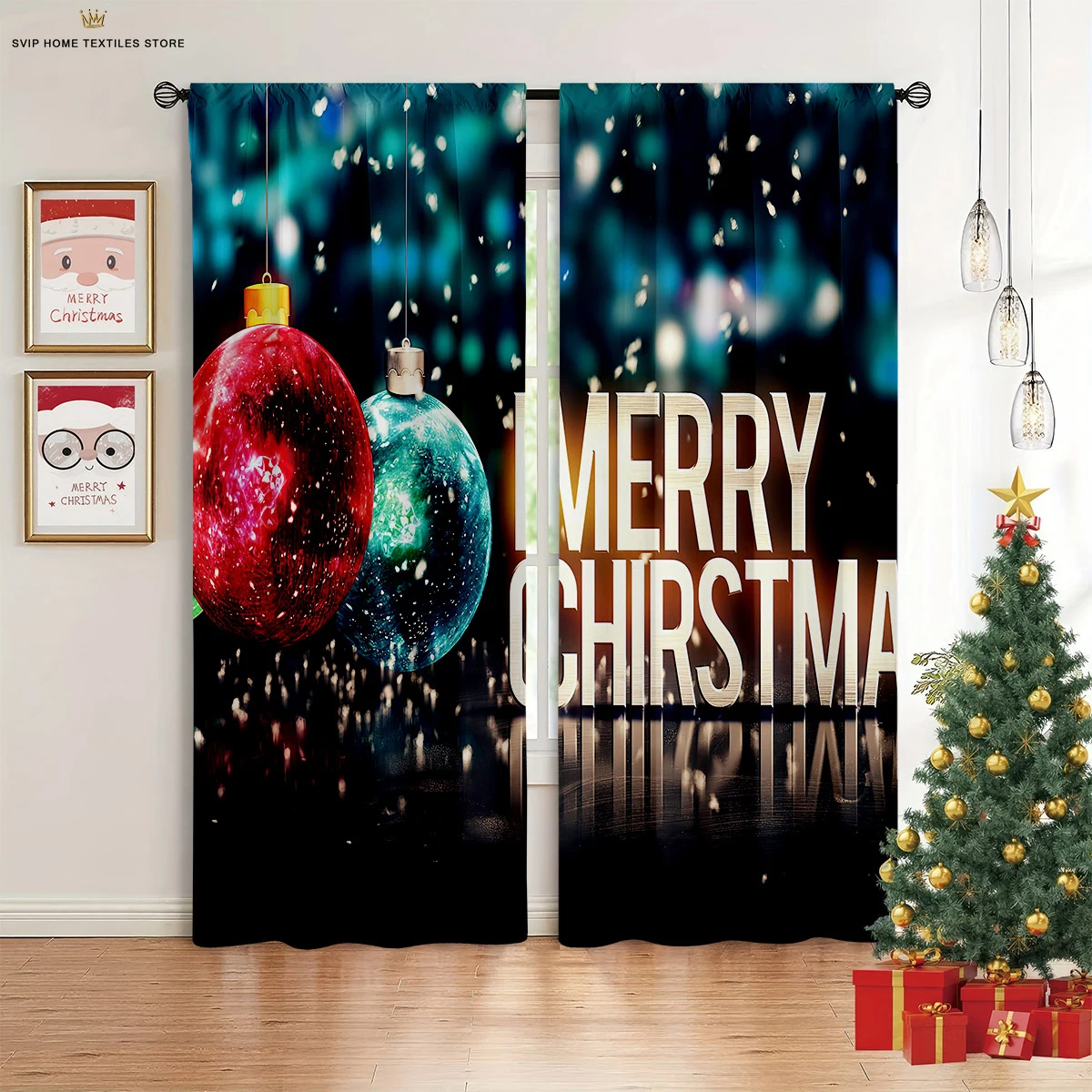 2 Pieces Christmas Decoration Curtains Christmas Tree Fireplace 3D Printing Curtains Suitable for Bedroom Dining Room New Year