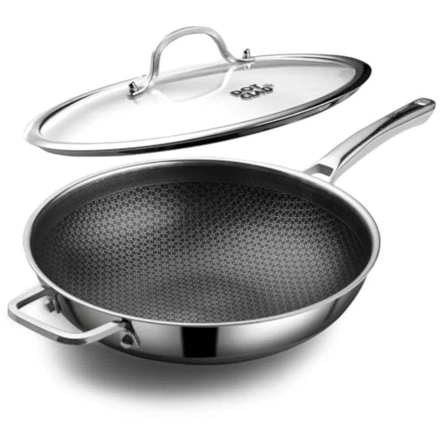 

Wok pan, Hybrid Wok with Lid, PFOA Free Cookware, non stick Staless Steel Woks and Stir-fry pans Nonstick, Dishwasher and Oven