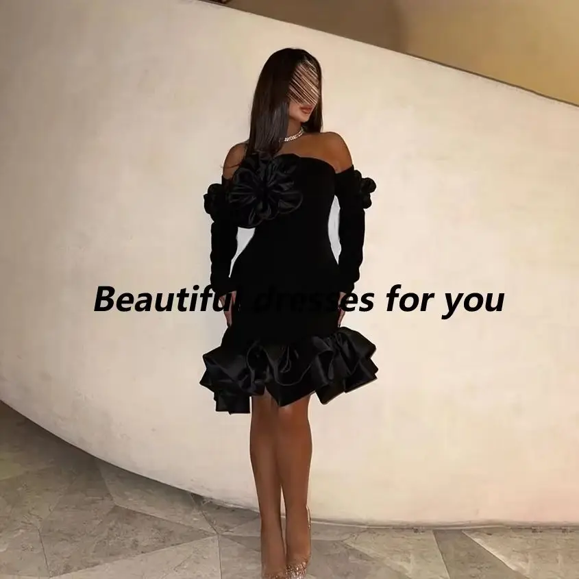 Black Short Evening Dress Customized Strapless 3/4 Sleeves Pleat Flowers Mermaid Knee Length Prom Gown Cocktail Party Dress