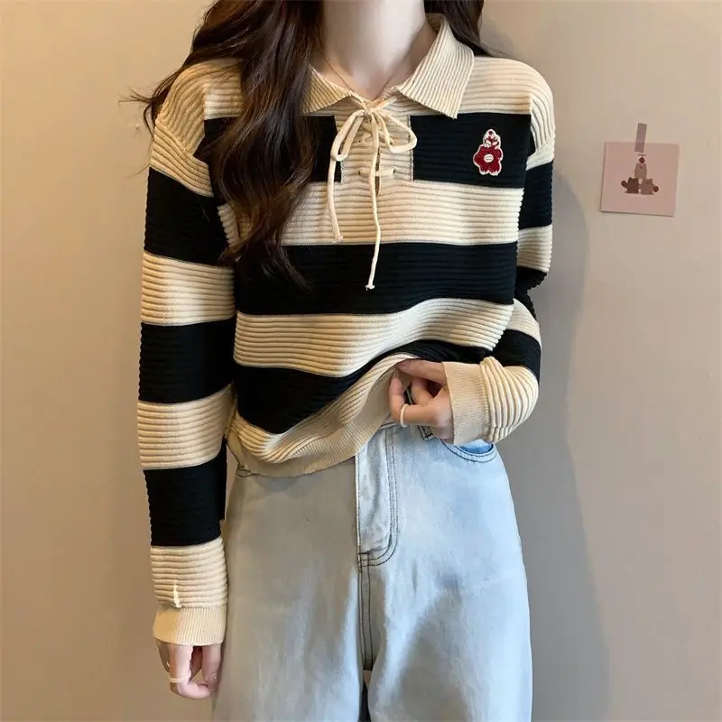 Autumn Winter Fashion All-match Striped Patchwork Sweaters Women Clothing Chic Turn-down Collar Drawstring Pullovers Sweet Tops