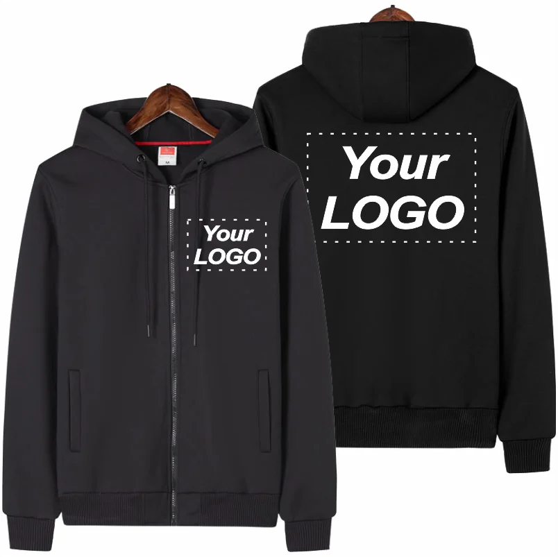 Winter Plus Velvet Zipper Hoodie Custom Printed Embroidery Company Logo Men's Thick Coat Warm Winter Jacket S-5xl