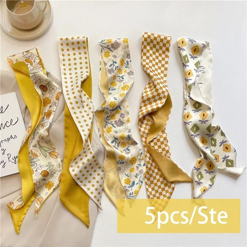 5pcs/set Series Satin Scarf Women Cloth Hair Bands Headdress Accessories Lady Scarves Ribbon Neck Ties for Bag Handle