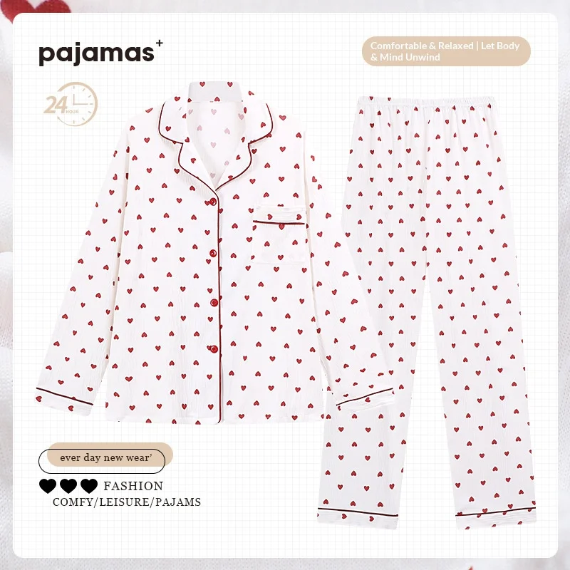 

Heart Print Pajamas Spring and Autumn Wrinkle Fabric Long Sleeve Women's Autumn and Winter Home Wear New Women's Lingerie Set