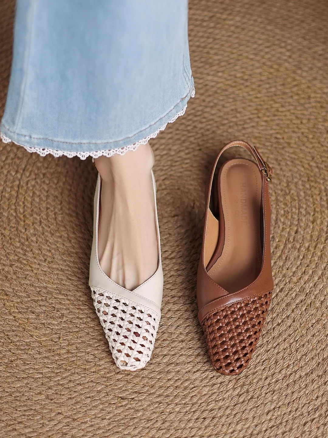 

Женские плетеные сандалии на среднем каблуке, летние, новые, в стиле ретро, из натуральной кожи, с квадратным носком, на тонком каблуке, дышащие