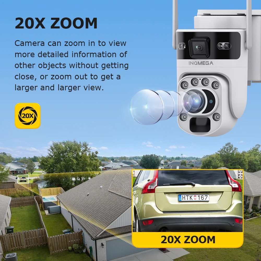 INQMGEA 6K 12MP 50X Zoom 4G SIM Solar Powered Outdoor Camera Color Night Vision PIR Human Detection Alarm PTZ 360° Rotation