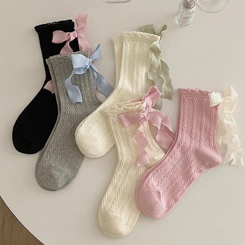 

Bow socks for women summer thin sweet lolita socks with ribbon and cable knit mid calf