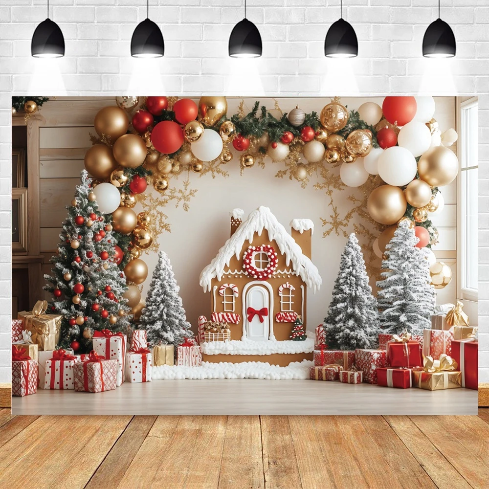 Christmas Gingerbread House Photography Backdrops Arch Balloon Gift Boxes Xmas Trees Kids Family Festive Decoration Backgrounds