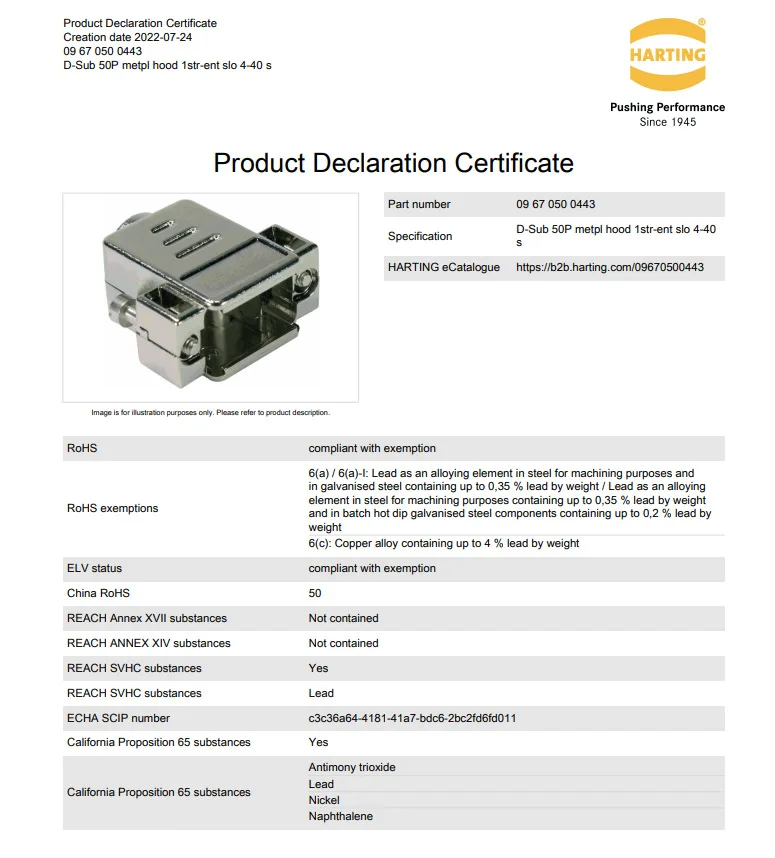 09670500443 HARTING   [DSUB METAL-HOOD 50P SHS-UNC]