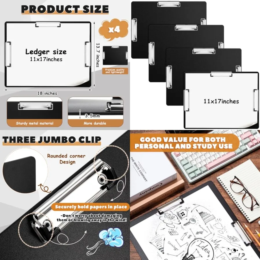 

4 Pcs Extra Large 11x17 Clipboard - Horizontal Three Clip Plastic Clipboard for School, Office, Home and Teachers