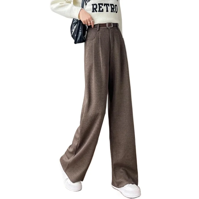 

Small Fellow Women's Winter New High-waisted Versatile Straight Casual Drape Narrow Wide-leg Pants Herringbone Woolen Suit Pants