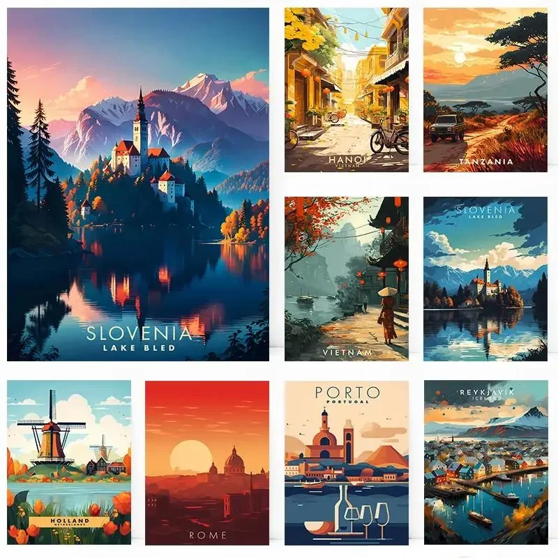 1PC Large-sized frameless canvas paintings,Travel Destinations Wall Art Greece Holland Rome Slovenia Tanzania Poster Print Canva