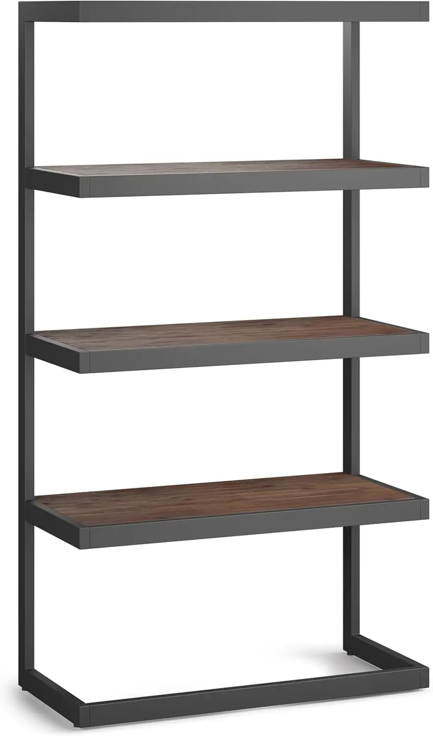 Solid acacia wood and metal 36-inch rectangular modern industrial bookcase, dark brown, for living room, study and office