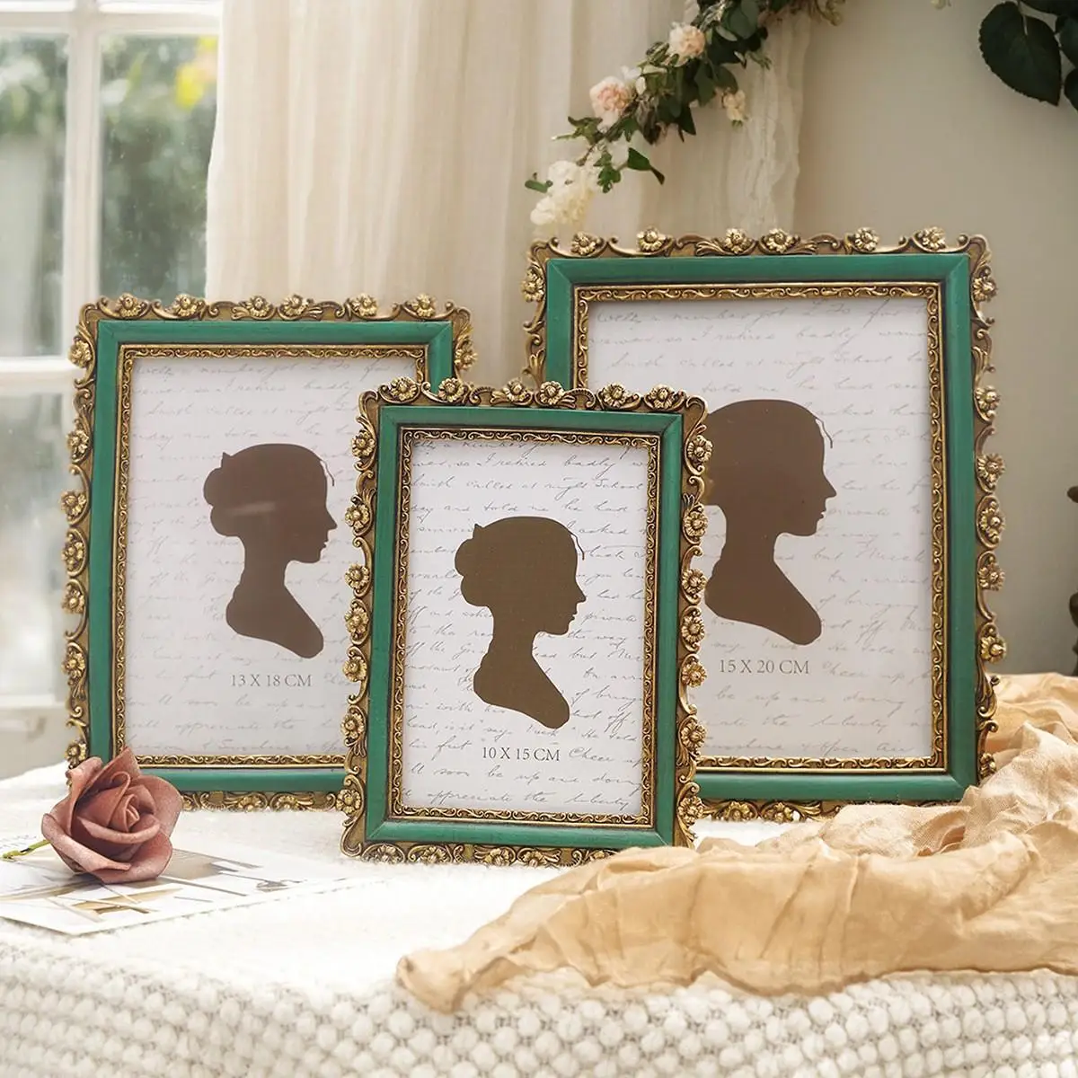 6/7/8inch Cherry Pattern Engraved Picture Frame Decorative Piece Green Luxury Art Frame Rectangular Photo Display Picture Frame