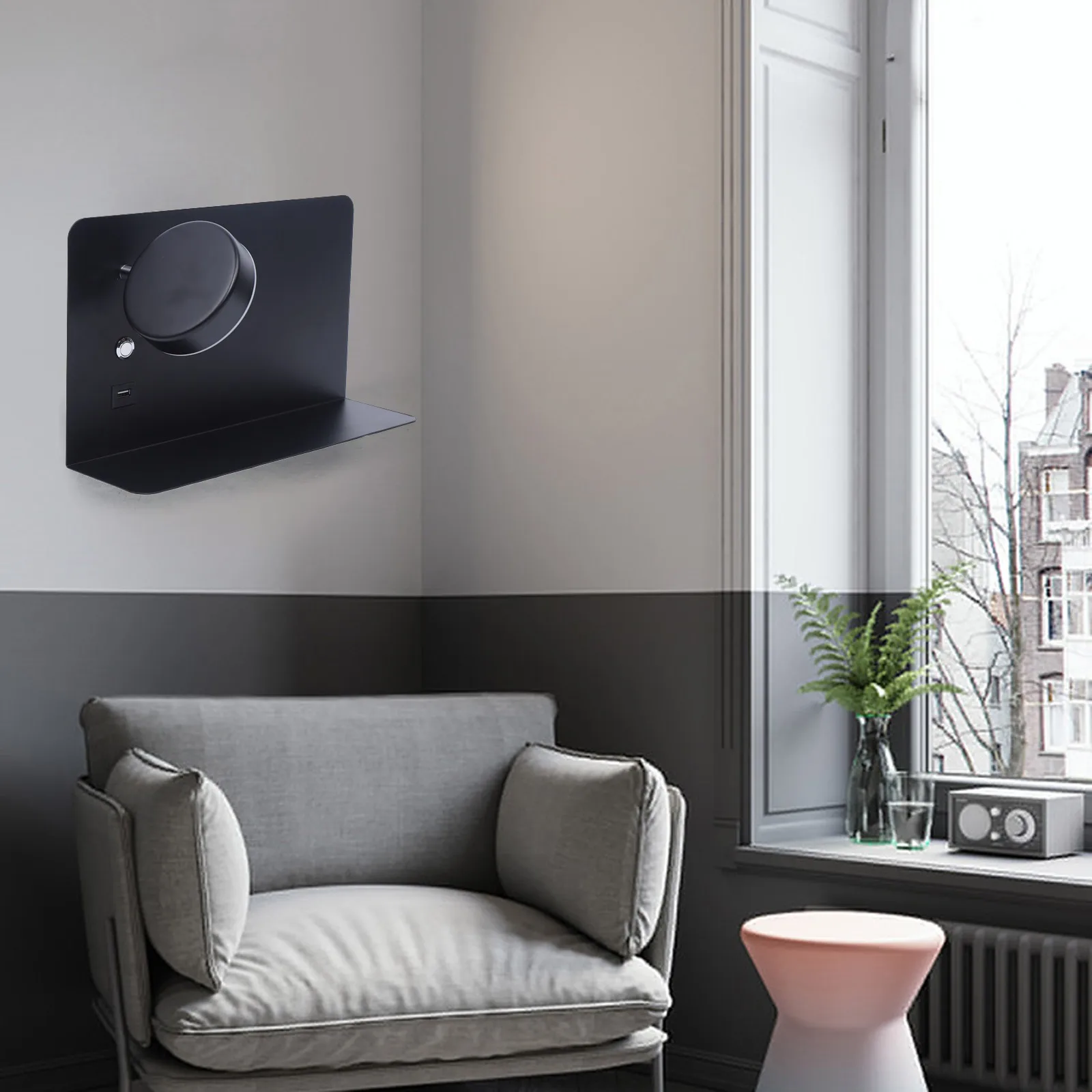 360° Rotatable LED Wall Light with 3 Color Temperatures (Warm Yellow/Warm White/White) USB Charging Port & Shelf for Bedroom, Living Room & Cafe