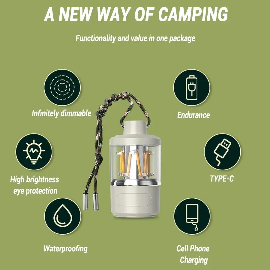 Portable Camping Lantern Type-c Rechargeable LED Flashlight 3 Light Source Strong Light Outdoor Emergency Searching Fishing Lamp