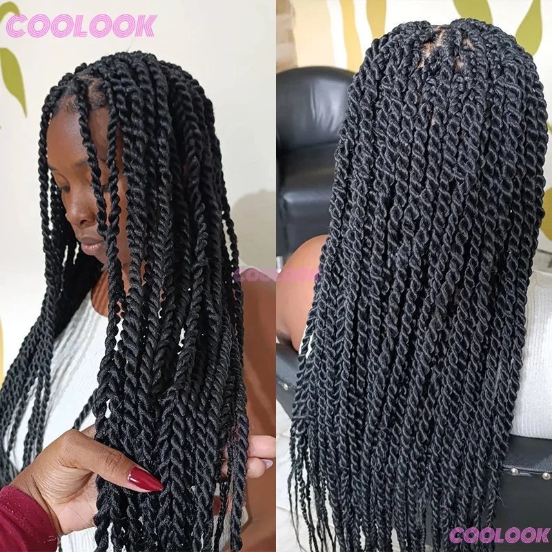 

Сенегальские завитки косички без узлов коробка плетение парик полные кружевные передние косы афро синтетические парики для чернокожих женщин