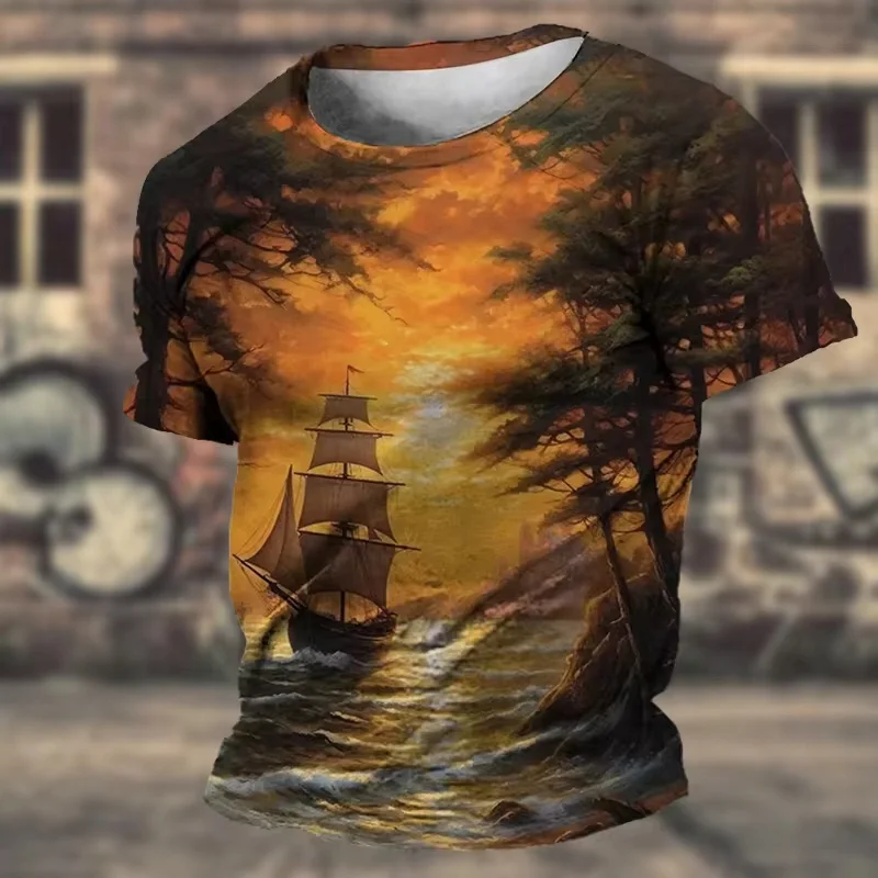 Vintage Ship Pattern T-Shirt For Men Sea Sailing Scenery 3D Printed Tees Summer Casual O-Neck Tops Short Sleeve Loose Tee Shirts