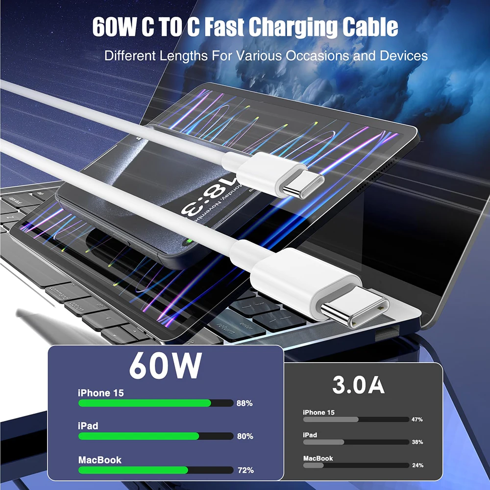 60W PD Fast Charging Cable USB C to Type C For Apple Iphone 15  Huawei Xiaomi Samsung Type C Weaving Cable Accessories Data line image 3