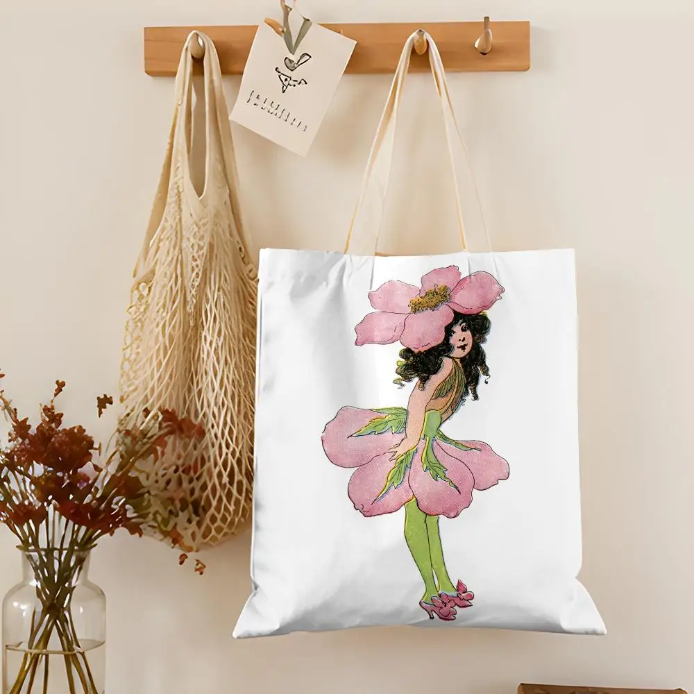 Fairy Tale Flower Characters Storage Bags Double-Sided Printed Canvas Tote Bag Eco-Friendly Reusable Large Capacity Handbag