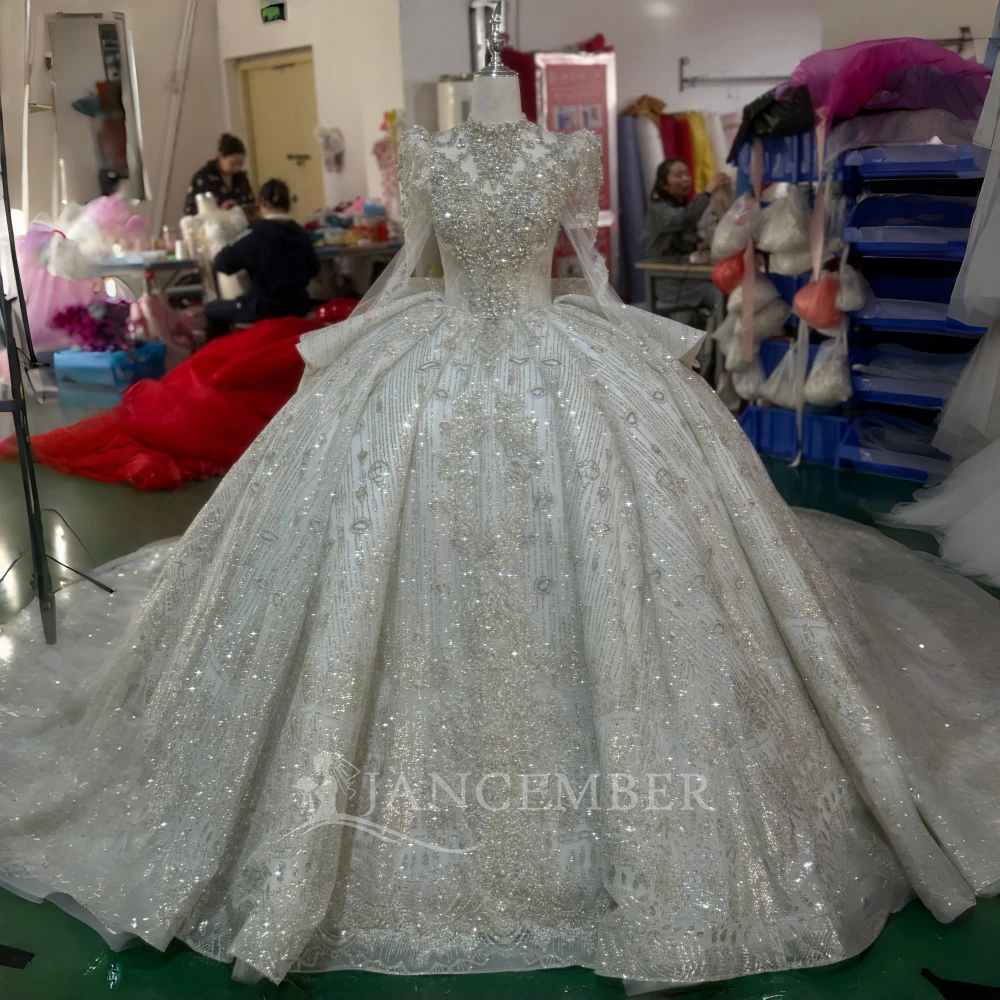 Gorgeous and Sparkling High Collar Princess Wedding Dress Long Sleeves Ruffles Bridal Ball Dress Customization vestido femininos