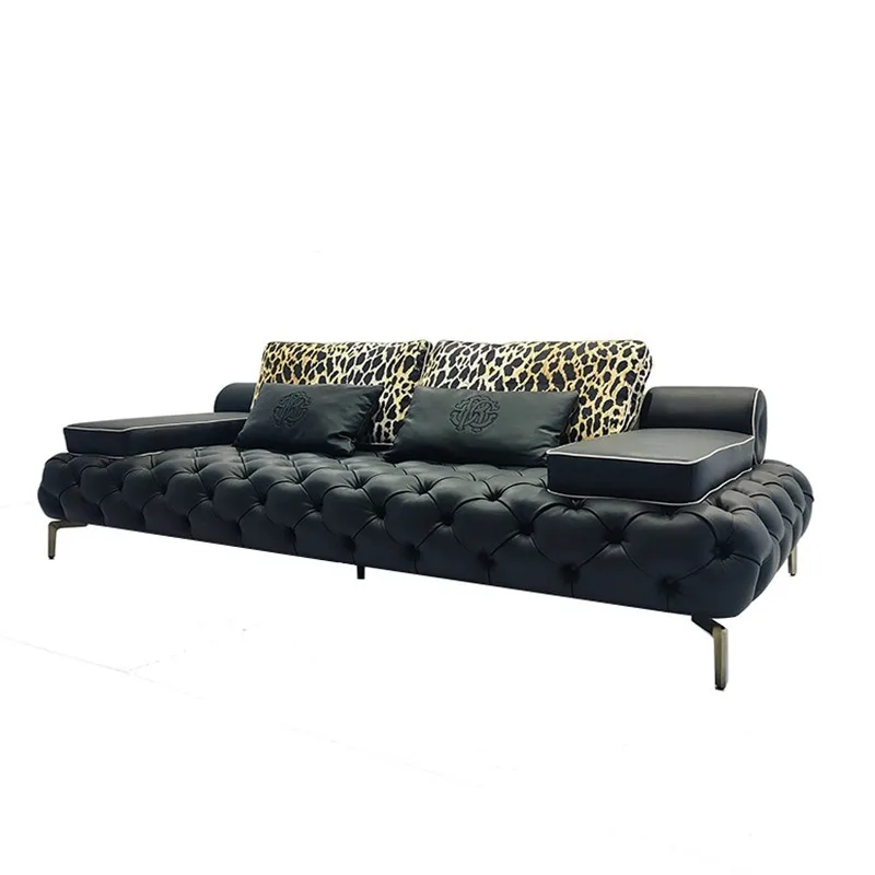 Light luxury straight row black leather buckle sofa high-end design luxury villa club large flat living room sofa
