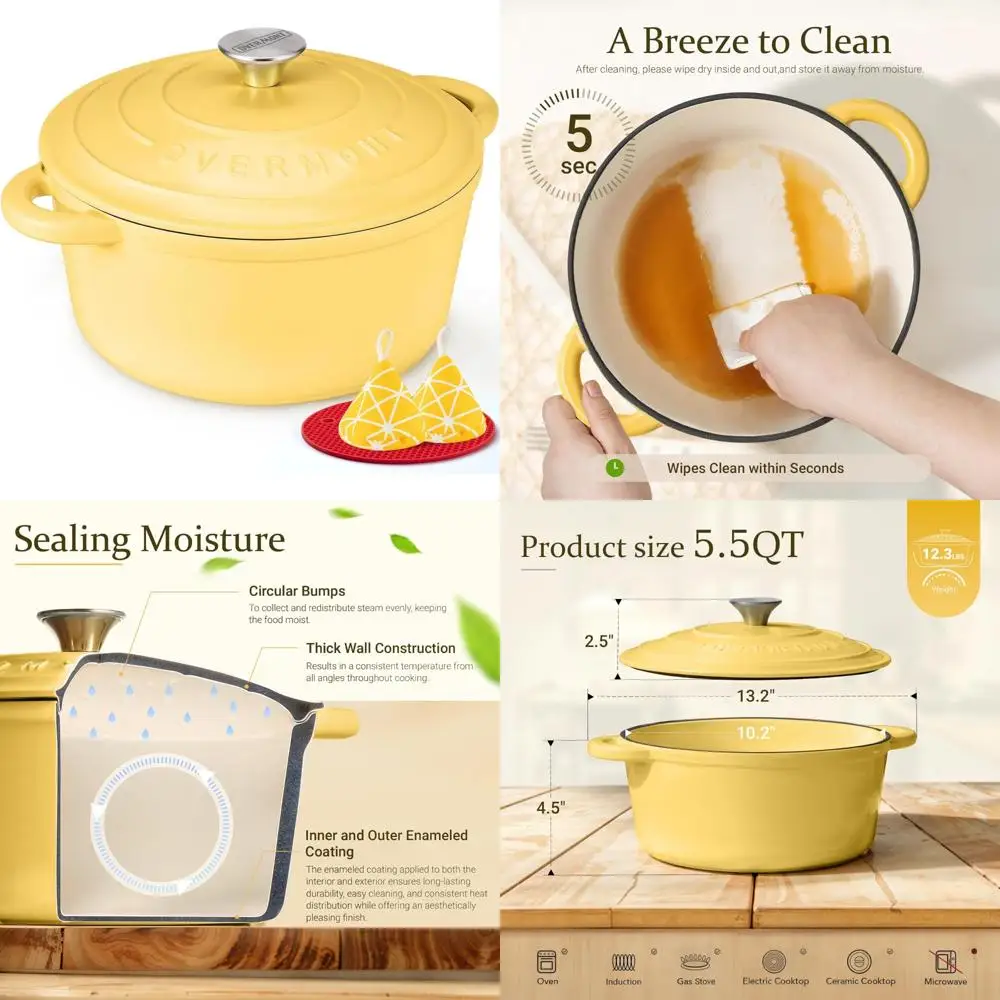 

Enameled Cast Iron Dutch Oven 5.5 Quart Pot with Lid and Cotton Potholders - Heavy-Duty Cookware for Braising, Stewing, and Roas