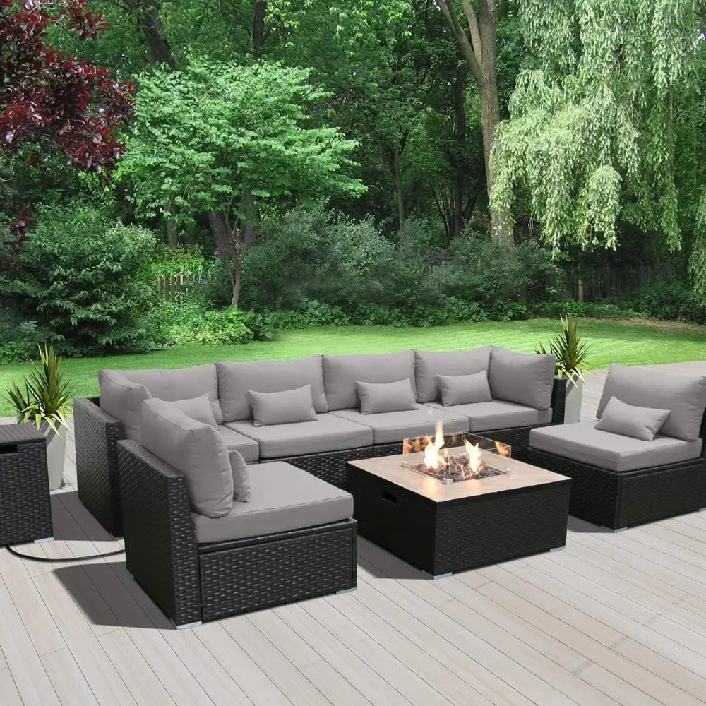 Fire Table Set Sectional Outdoor Furniture Propane Firepit Dark Brown Rattan Multi Colors Outdoor Sofa Set